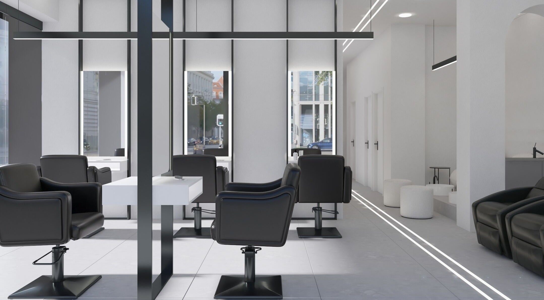 Καλαίσθητο εσωτερικό του MEDUSA BARBER TRIANDRIA στην Τριανδρία, GR με κομψές μαύρες καρέκλες.