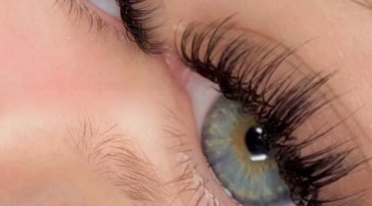 Close-up of lush eyelashes at Doll Faced, a beauty venue in GB.