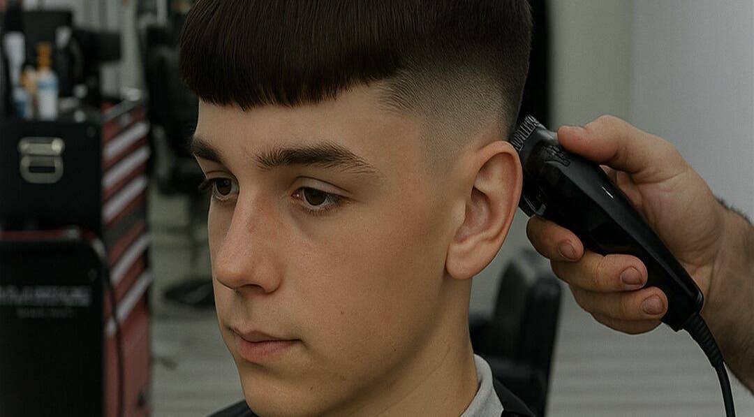 Barbeiro em Jorge, Senhora Da Hora, Porto, PT, realiza corte de cabelo masculino com máquina.