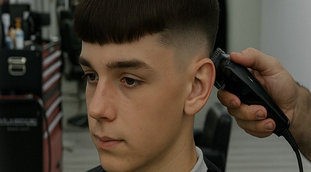 Barbeiro em Jorge, Senhora Da Hora, Porto, PT, realiza corte de cabelo masculino com máquina.