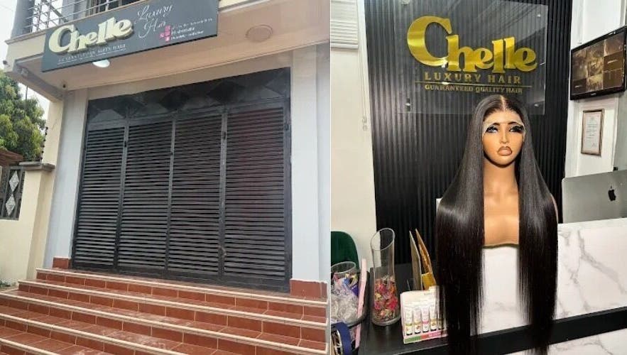 Entrance of Chelle Luxury Hair, Accra, Greater Accra Region, GH alongside a sleek hair display.