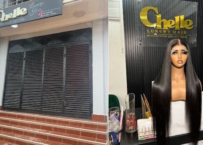 Entrance of Chelle Luxury Hair, Accra, Greater Accra Region, GH alongside a sleek hair display.