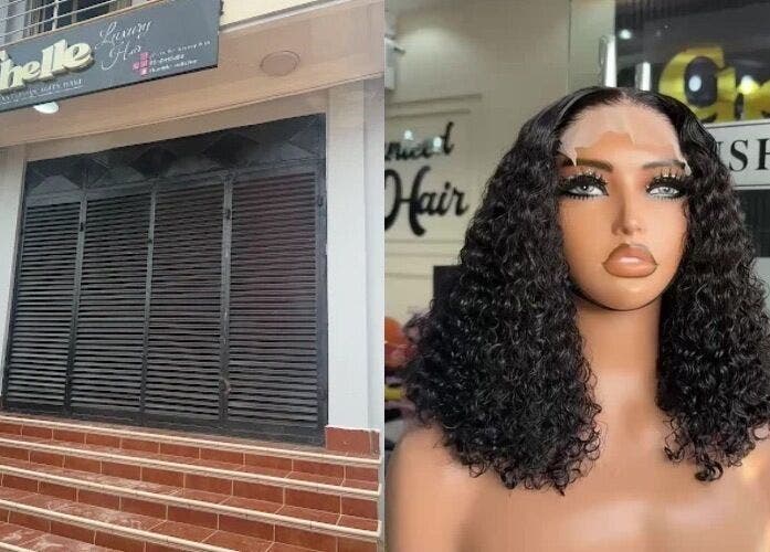 Chelle Luxury Hair, Accra: exterior steps and curly wig display in Greater Accra Region, GH.