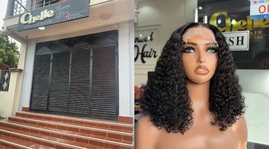 Chelle Luxury Hair, Accra: exterior steps and curly wig display in Greater Accra Region, GH.