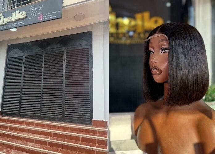 Entrance of Chelle Luxury Hair in Accra, Greater Accra Region, GH alongside a stylish wig display.