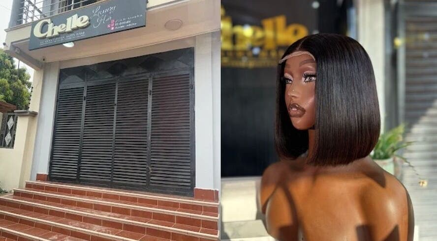 Entrance of Chelle Luxury Hair in Accra, Greater Accra Region, GH alongside a stylish wig display.