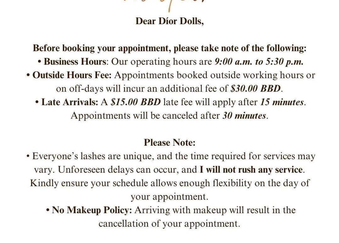 Appointment guidelines at nudíor, Bridgetown, Saint Michael, BB detailing hours, fees, and policies.