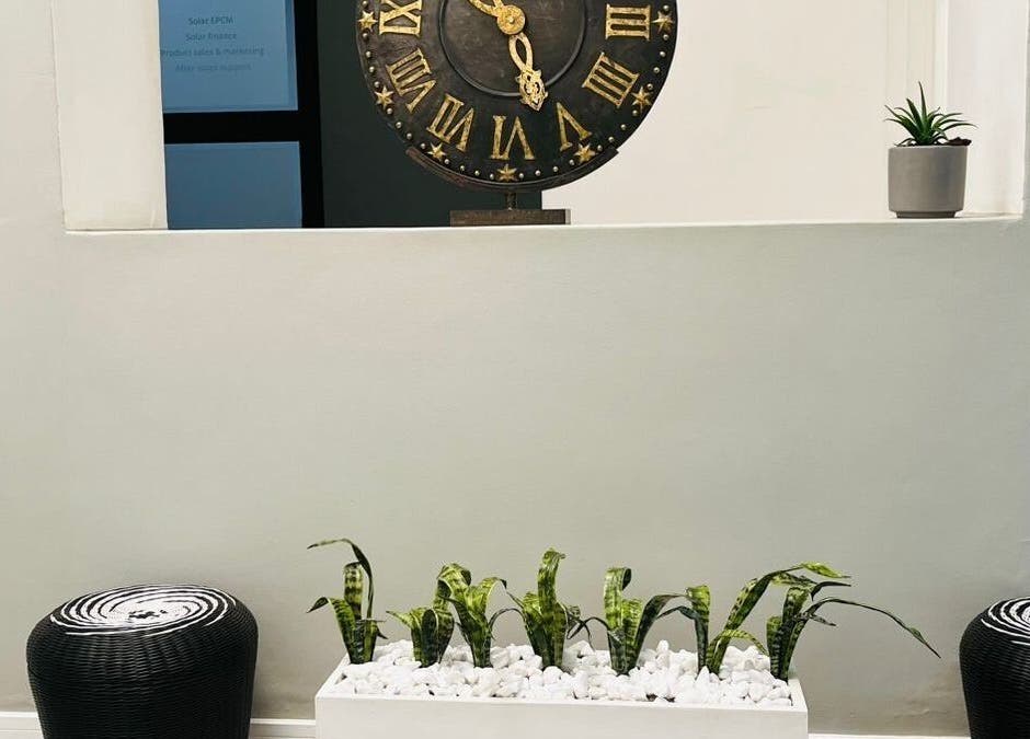 Decorative clock and plant at Indalo Botique, Midrand, Gauteng, ZA create a serene environment.