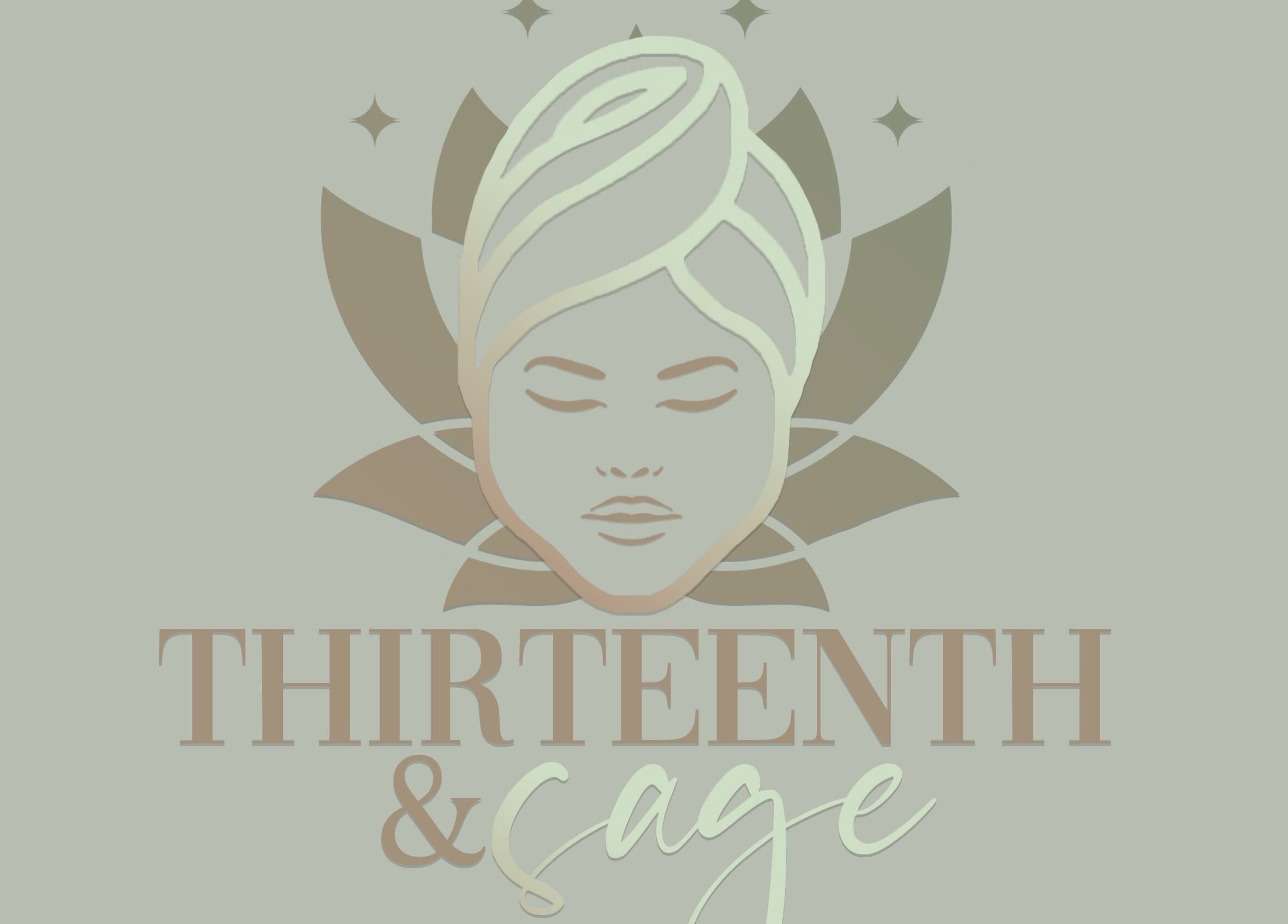 Elegant Thirteenth & Sage logo with serene face, located in Norfolk, Virginia, US. Spa and wellness vibes.
