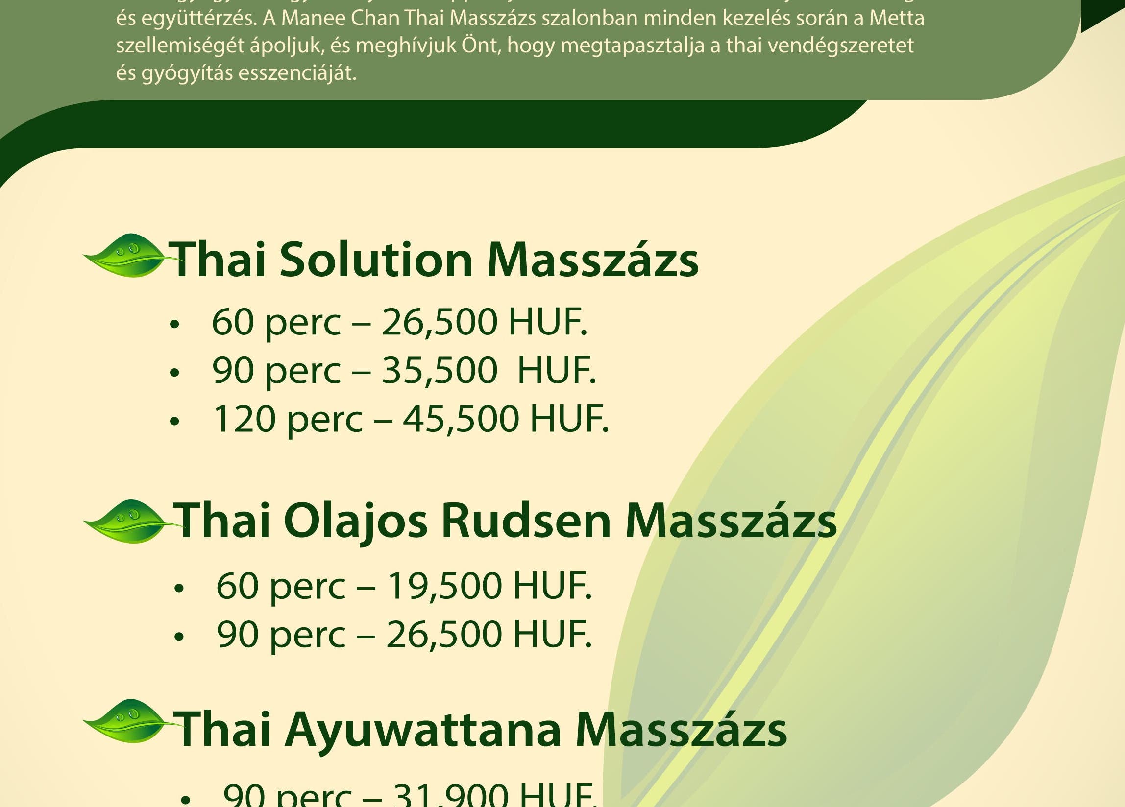 Pricing menu of ONE Thai Solution Massage, Budapest, Magyar, HU offering various massage durations and prices.