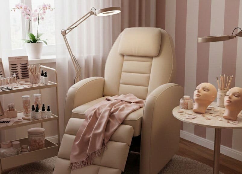 Coin détente chez Annbeauty Visage à Le Havre, Normandie, FR avec fauteuil soin et articles beauté.