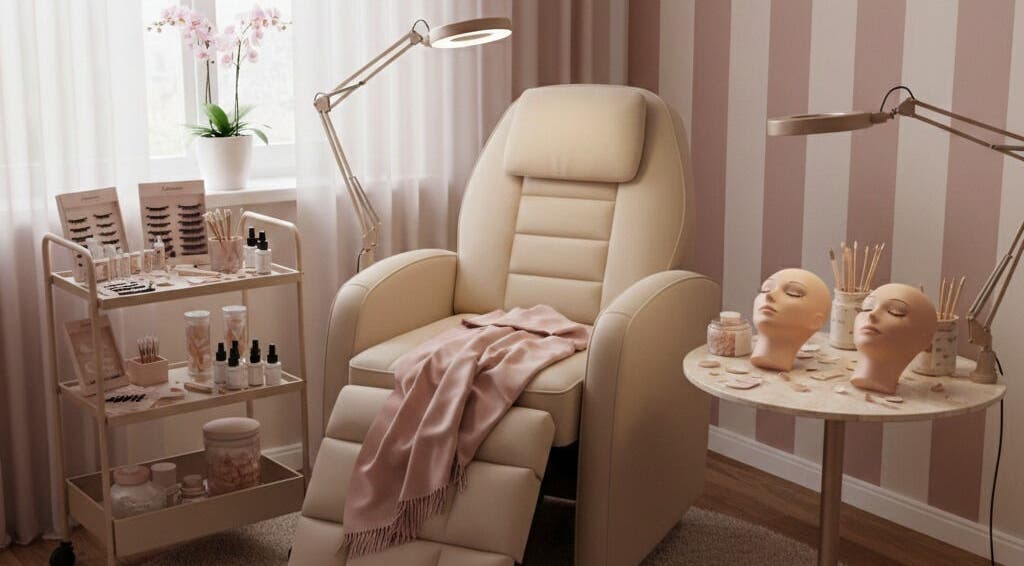 Coin détente chez Annbeauty Visage à Le Havre, Normandie, FR avec fauteuil soin et articles beauté.