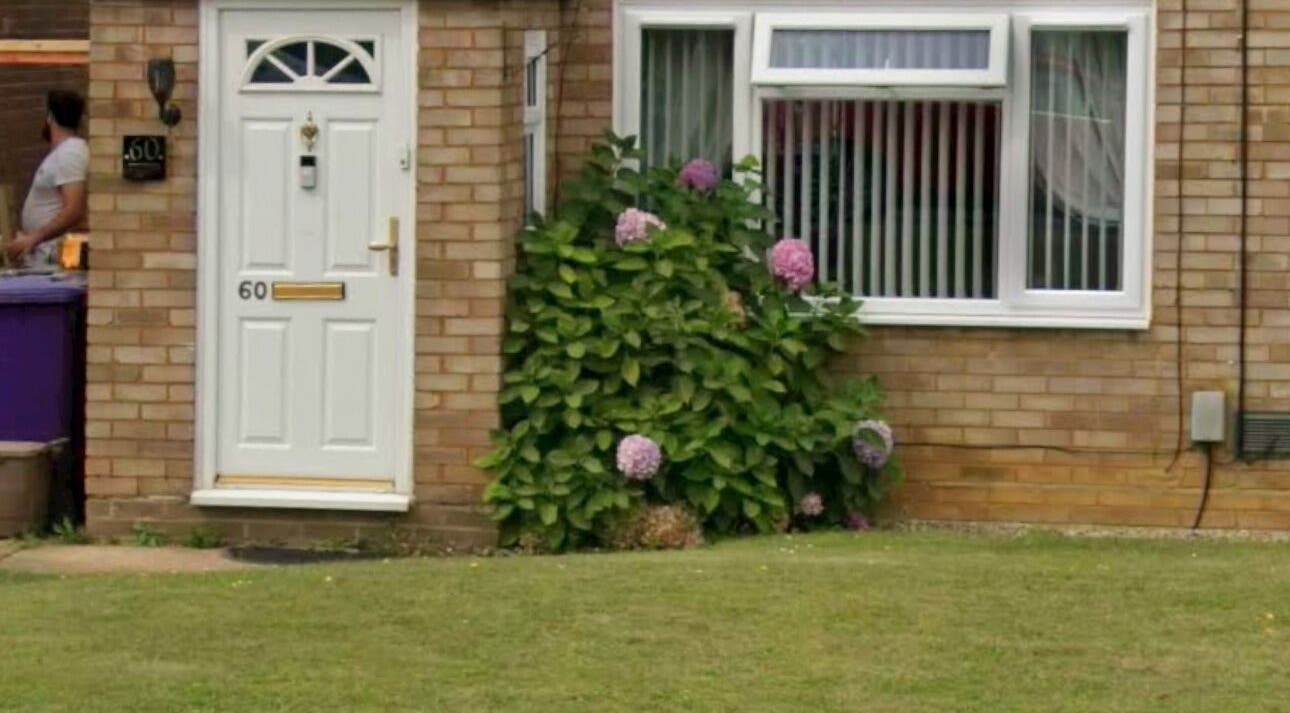 Main entrance of NailsbyNays, adorned with hydrangeas in Hitchin, England, GB.