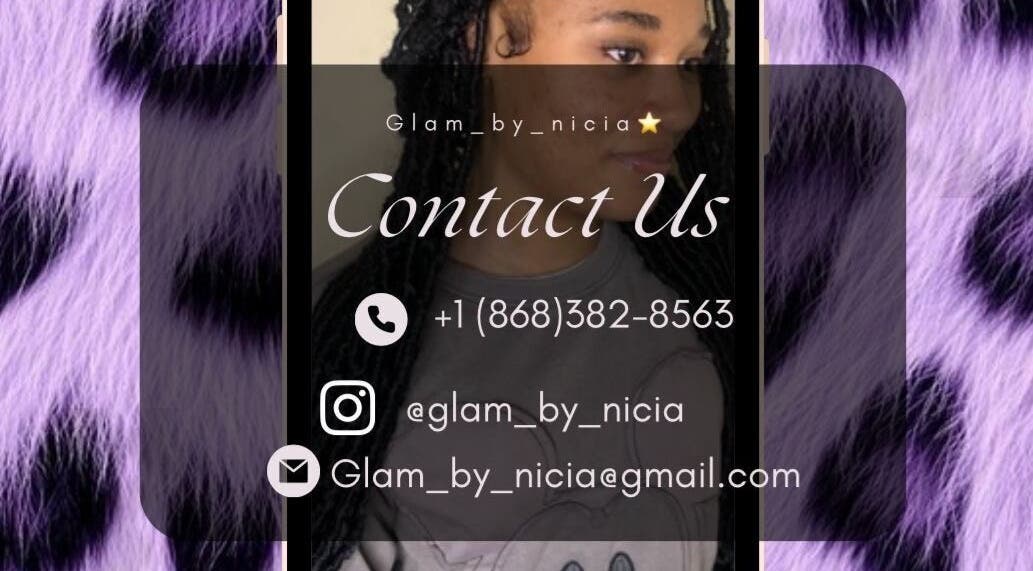 Contact details for Glambynicia in Montrose, Chaguanas, TT on a stylish purple and black background.