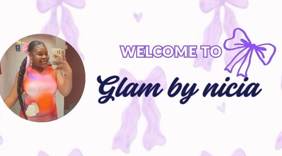 Welcome to Glambynicia, Montrose, Chaguanas, TT. Discover vibrant beauty. Glam logo and fashionable portrait.