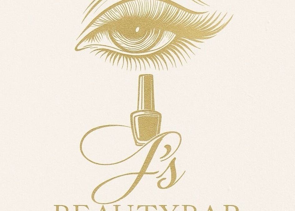 Elegant logo van J'sBeautybar in Maastricht, Limburg, NL met een artistieke oog en nagellakflacon.