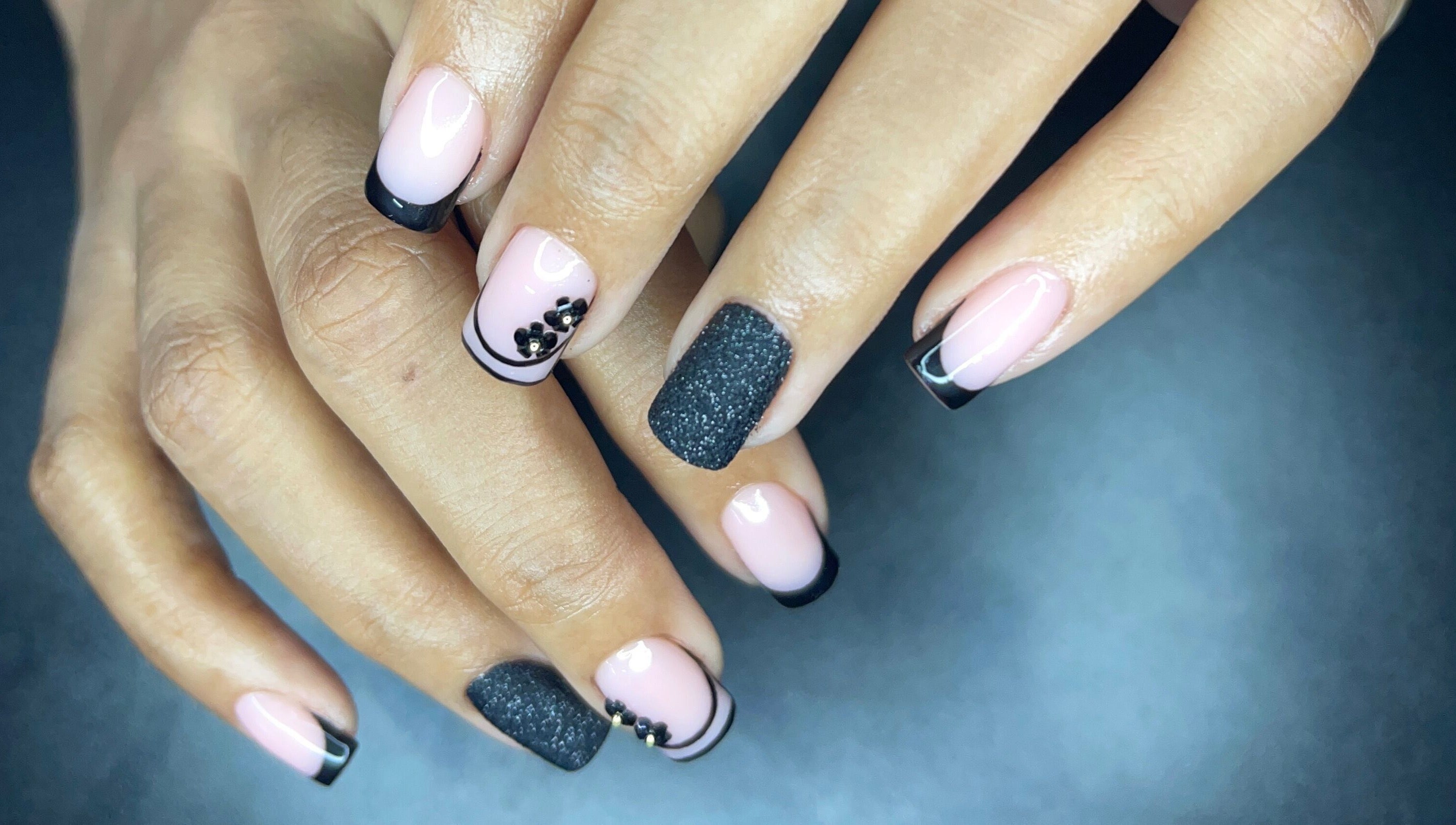 Stylish black and pink nail design at Nail Therapy by Lilly, Arima, Arima Borough Corporation, TT.