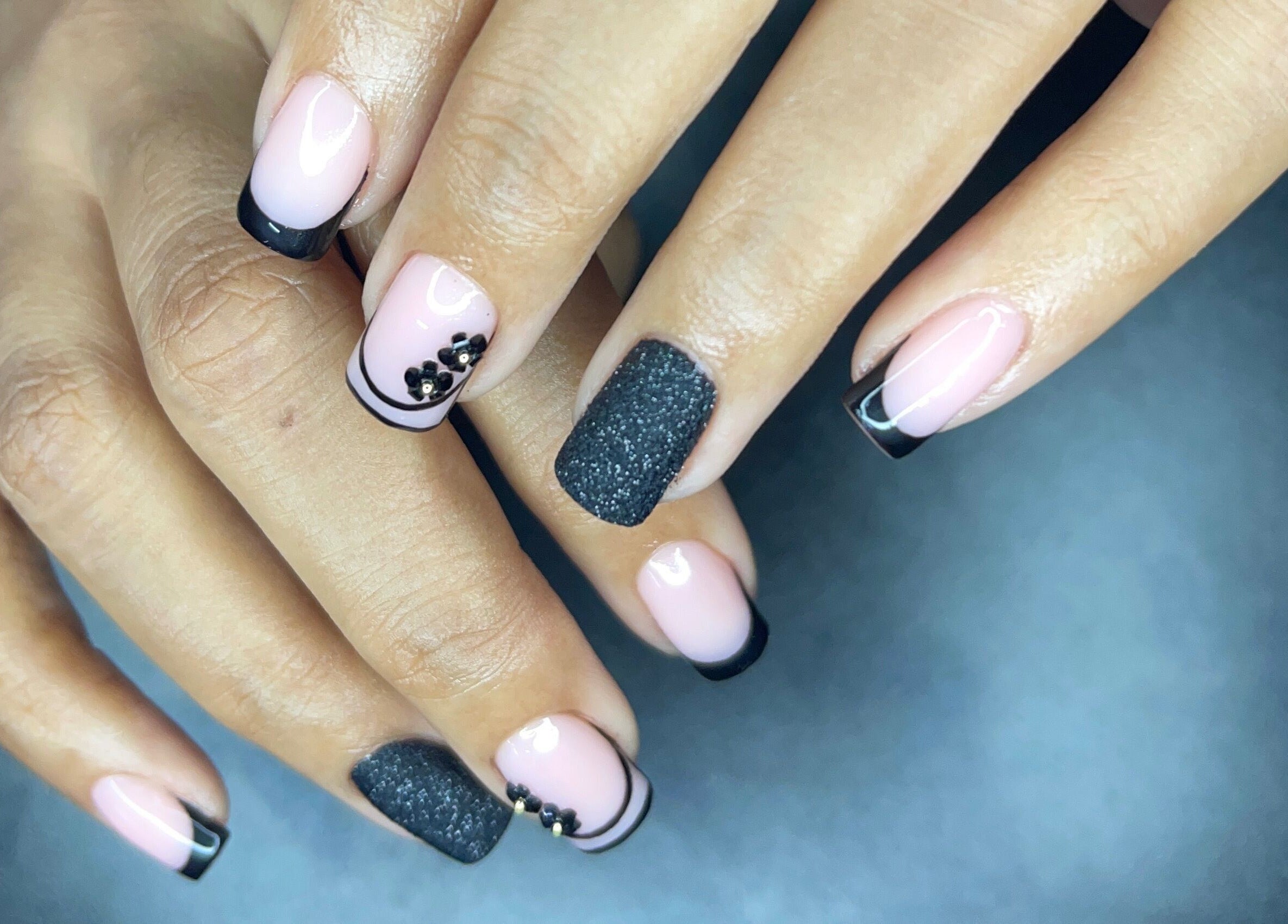 Stylish black and pink nail design at Nail Therapy by Lilly, Arima, Arima Borough Corporation, TT.