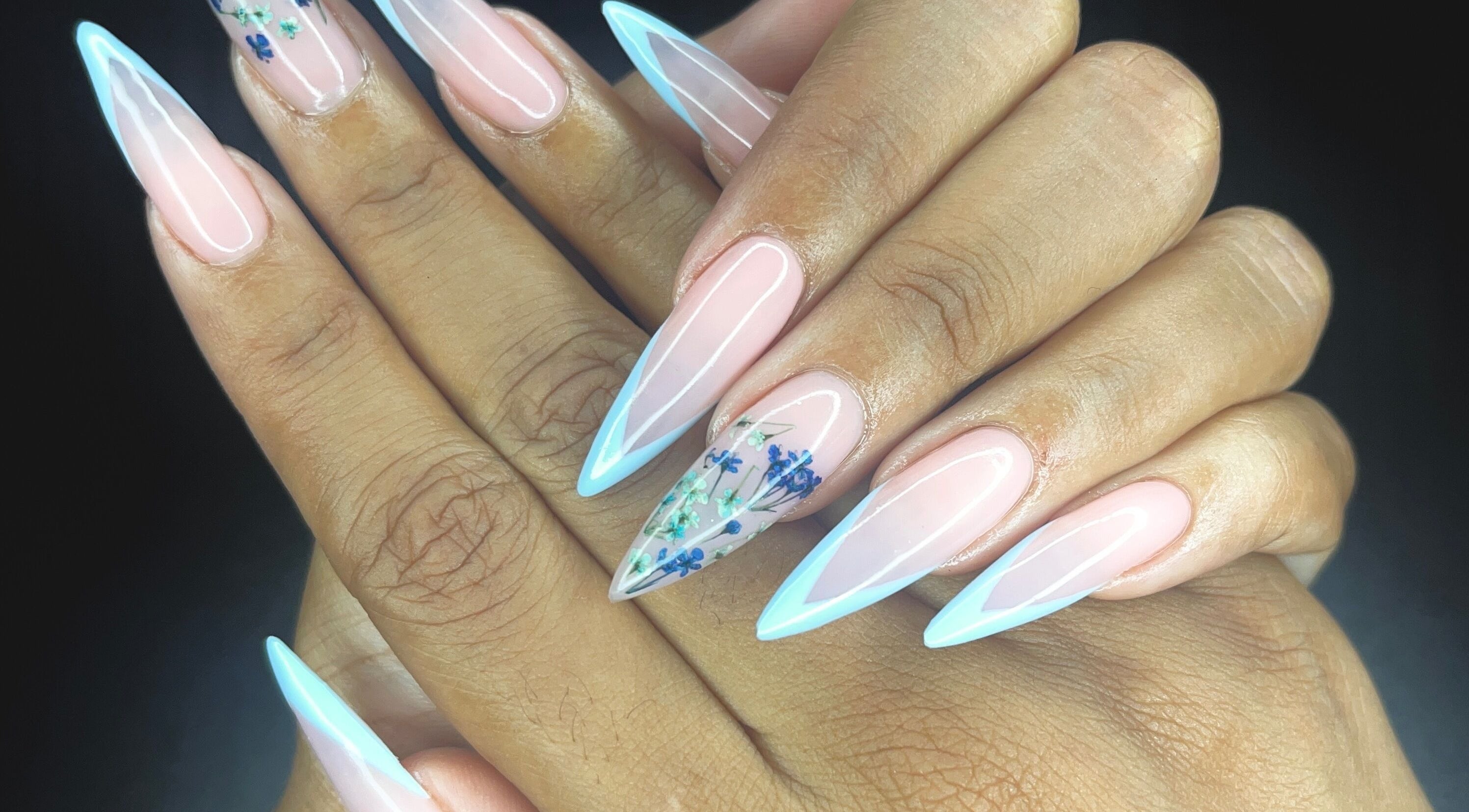 Beautiful stiletto nails with floral art at Nail Therapy by Lilly, Arima, Arima Borough Corporation, TT.