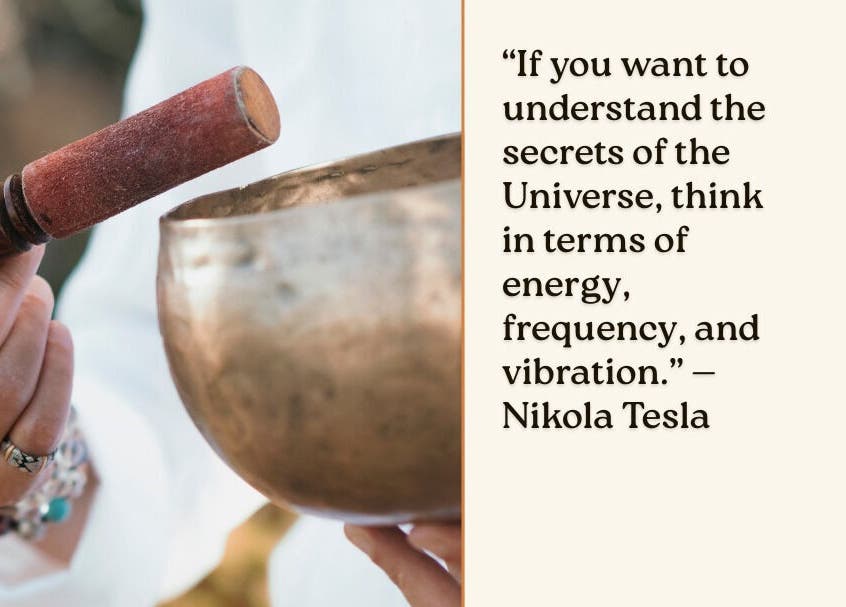 Hand holding singing bowl at Symphony Sound Healing, Toronto, Ontario, CA, with Tesla quote on energy.