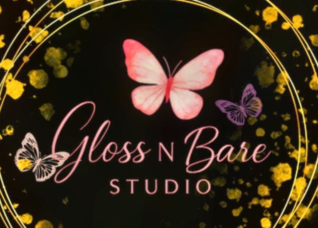 Gloss N Bare Studio logo with butterflies and golden accents in Midvale, Utah, US.