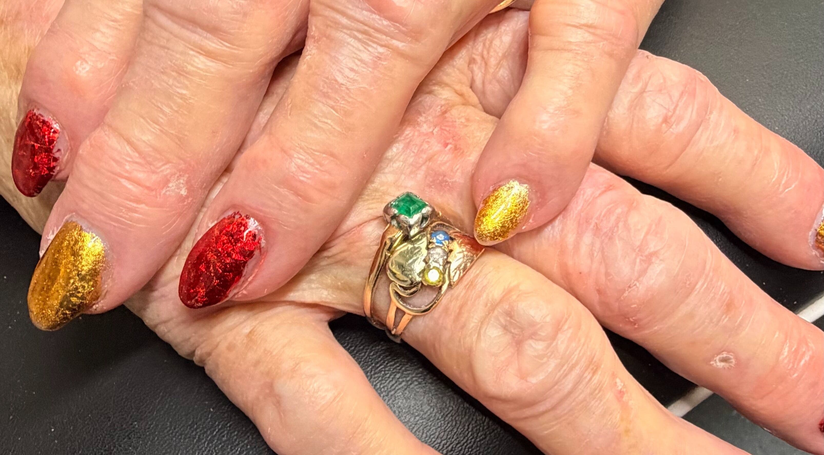 Red and gold festive nails by Nails by Nancy @ Linda's Place in Sandy, Utah, US. Elegant and bright manicure.