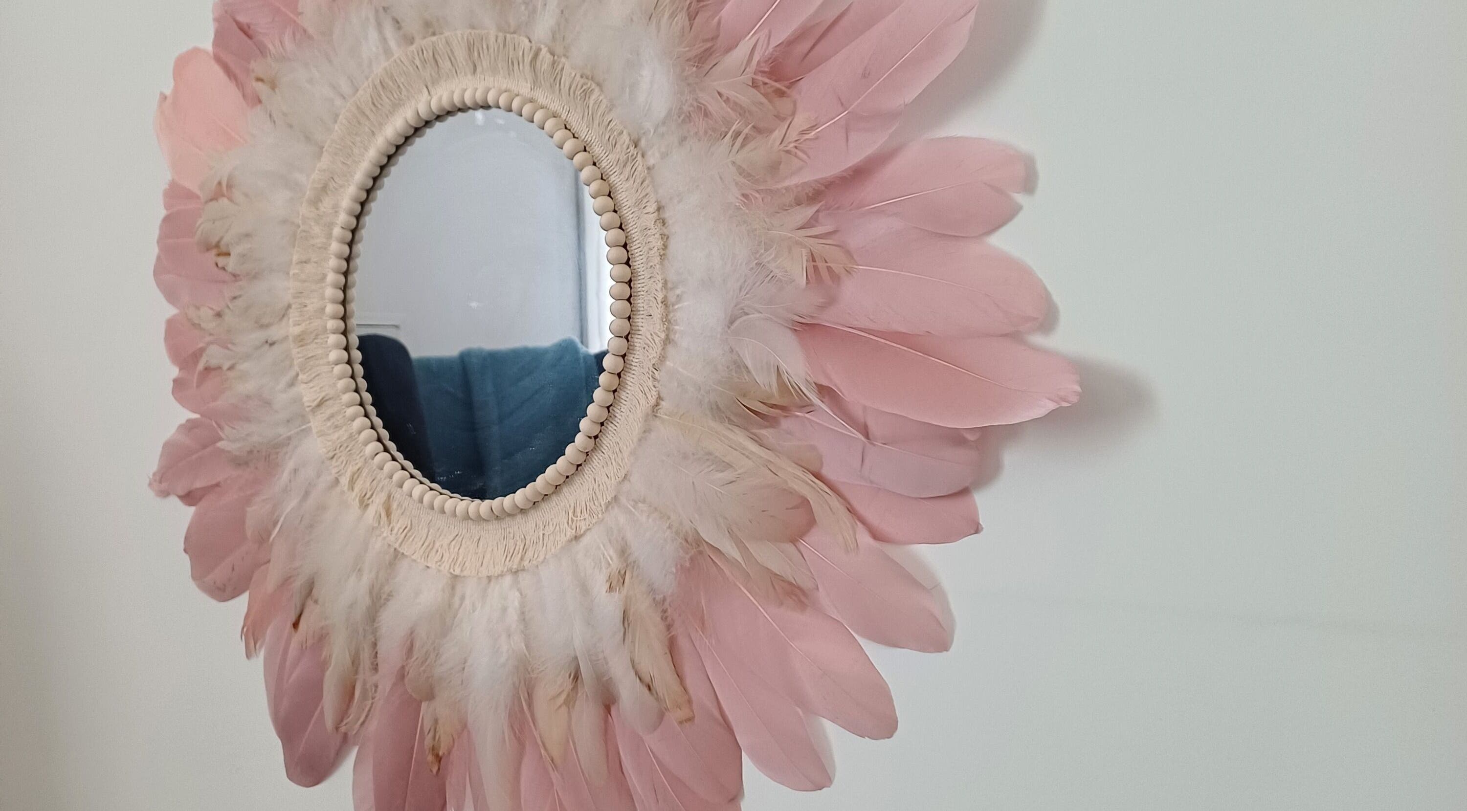 Miroir décoratif en plumes roses à Nutrition et bien être avec Hélène, Frontignan, Occitanie, FR.