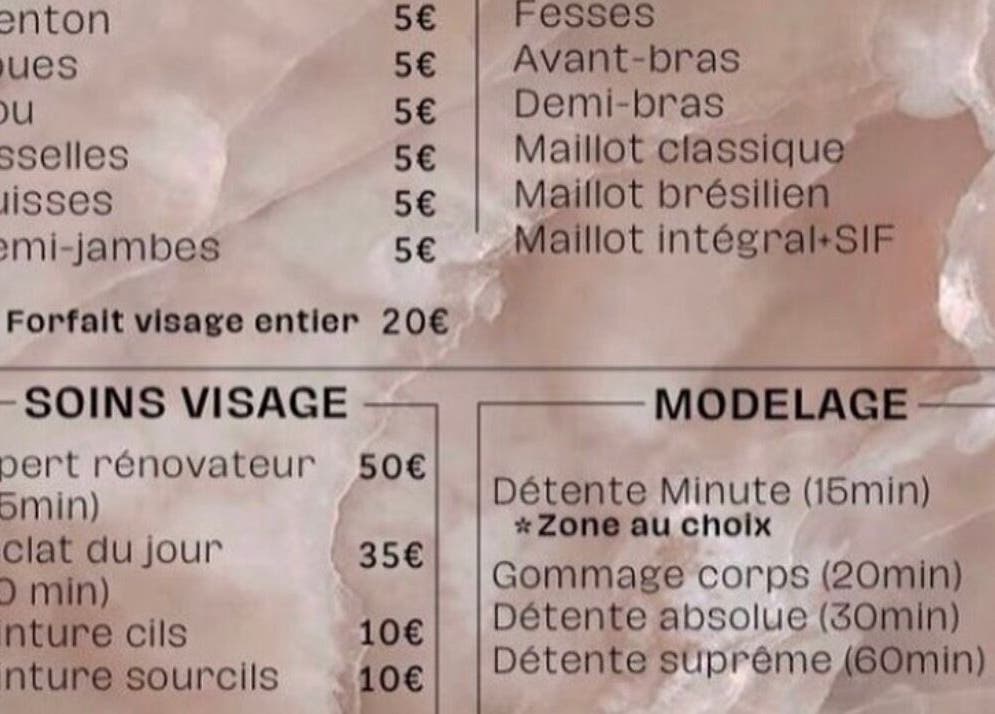 Liste des services beauté de L idéal, Nice, Provence-alpes-côte D'azur, FR, incluant épilation et soins visage.