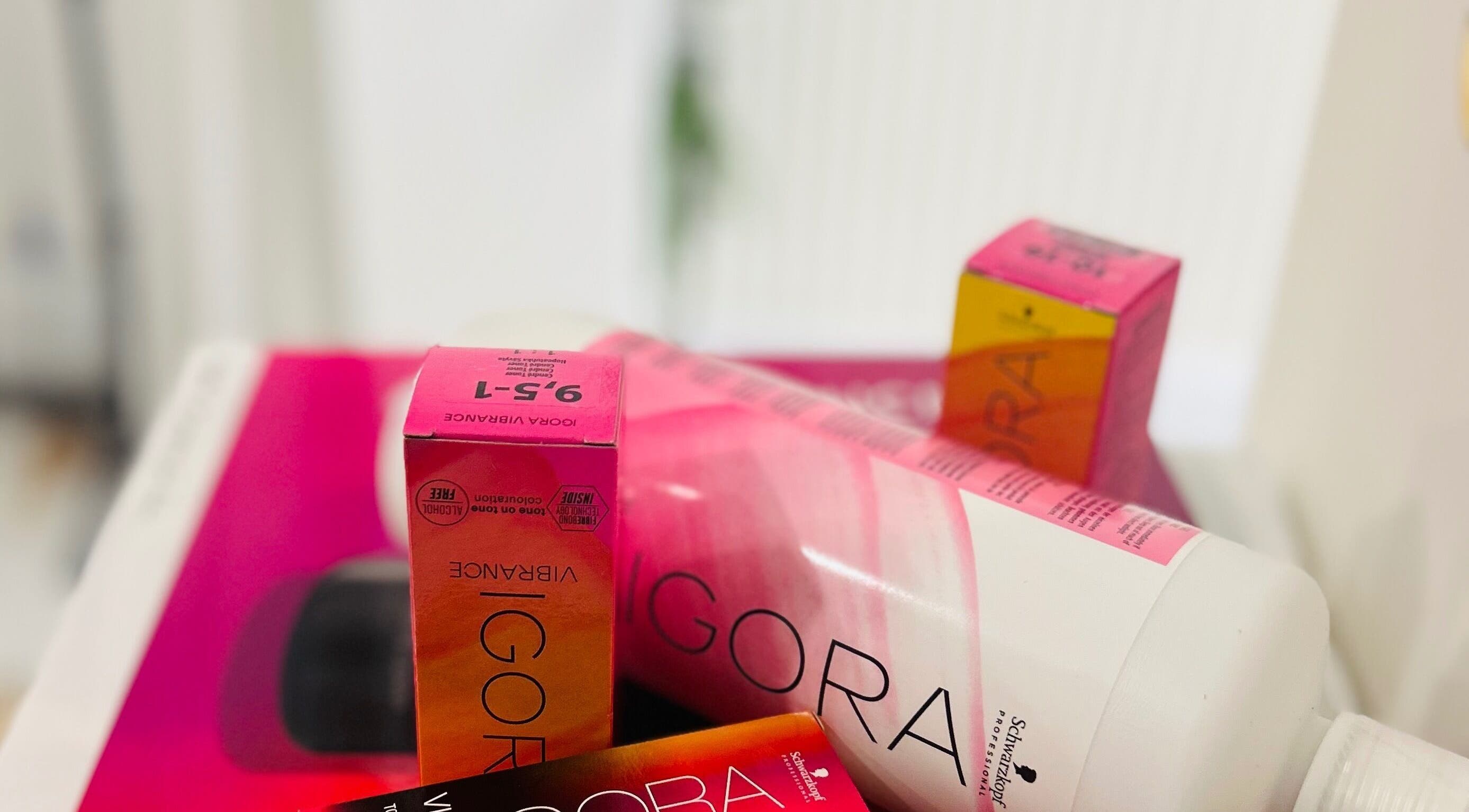 Hair color products on display at Lola’s Hair, Beckenham, England, GB.