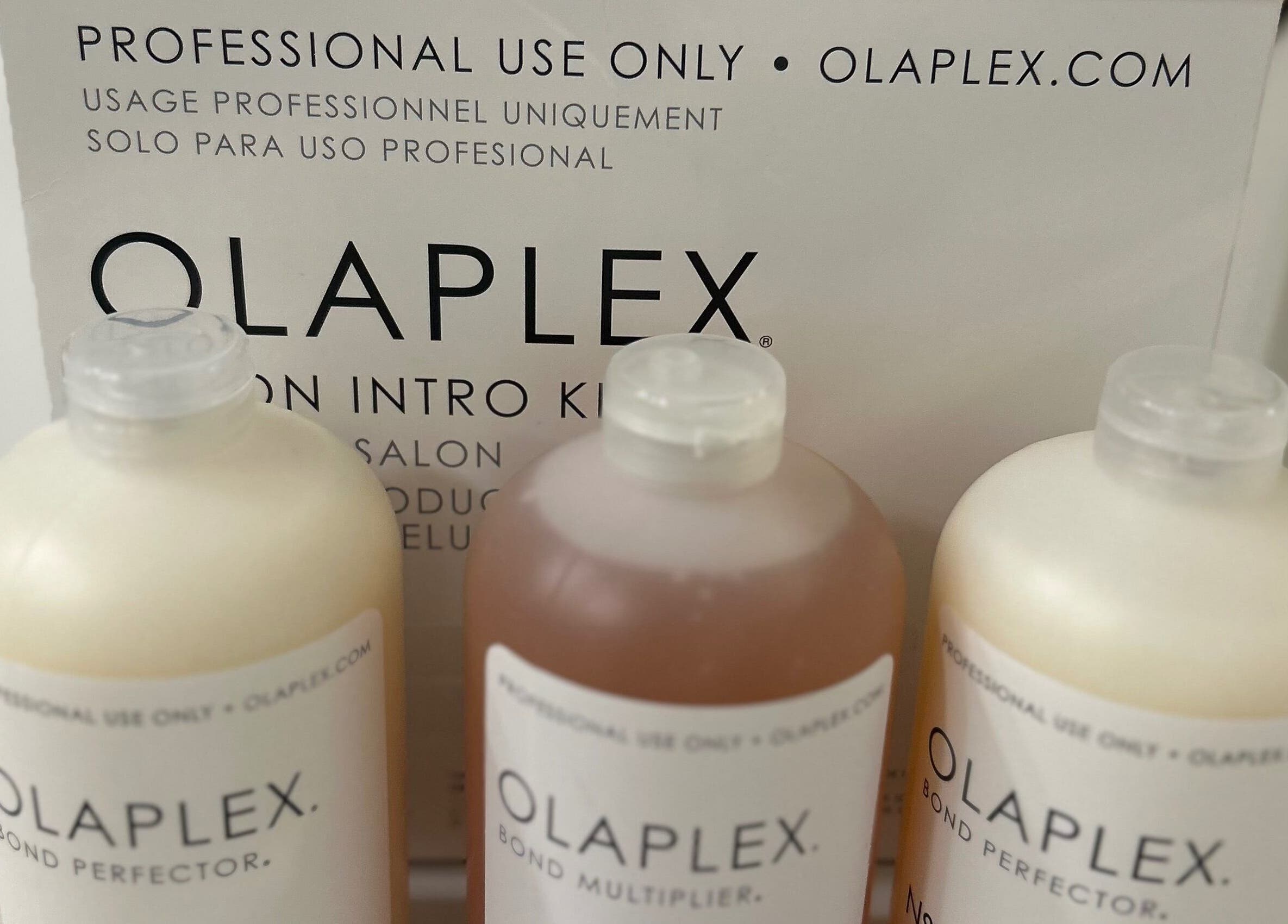 Olaplex hair products at Lola’s Hair in Beckenham, England, GB, showcasing premium haircare items.