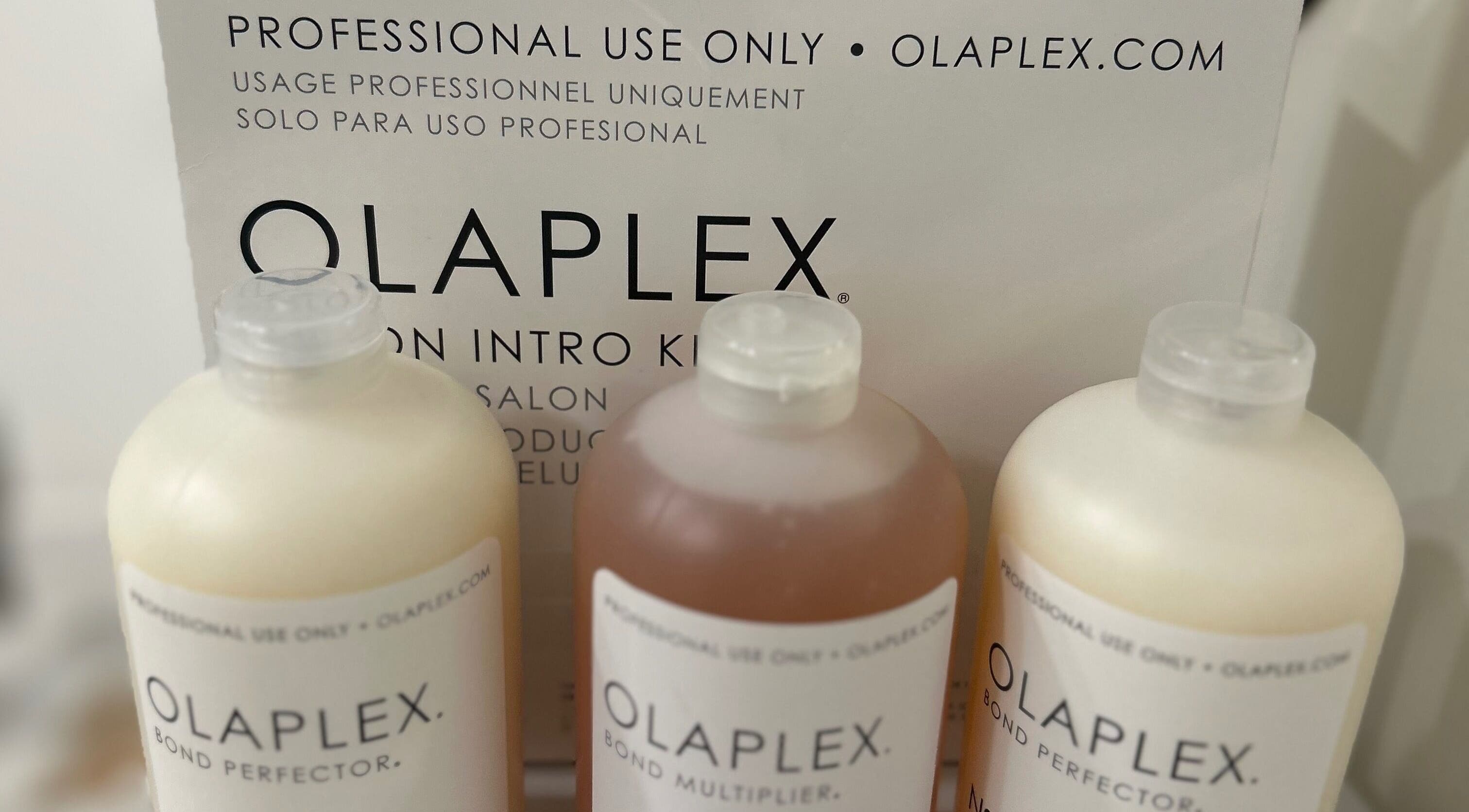 Olaplex hair products at Lola’s Hair in Beckenham, England, GB, showcasing premium haircare items.