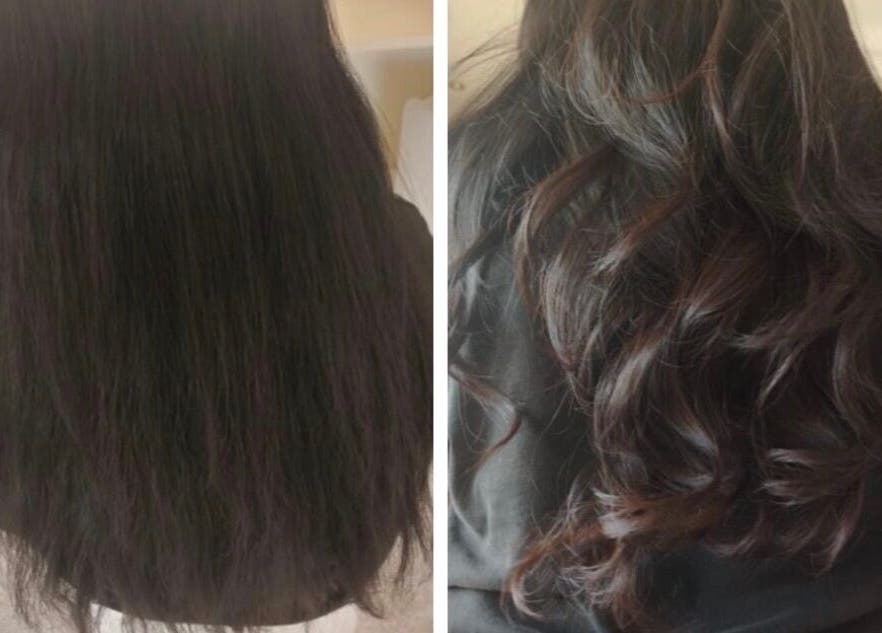 Before and after hair transformation at Onepiece, Riyadh, Riyadh Province, SA, showcasing sleek to wavy styling.