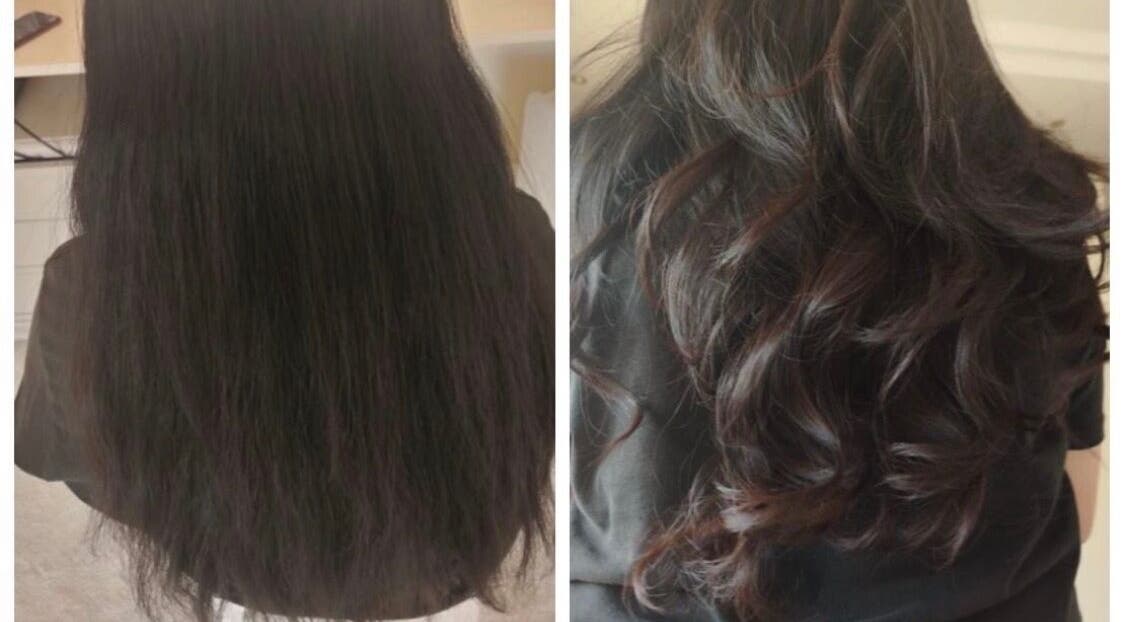 Before and after hair transformation at Onepiece, Riyadh, Riyadh Province, SA, showcasing sleek to wavy styling.