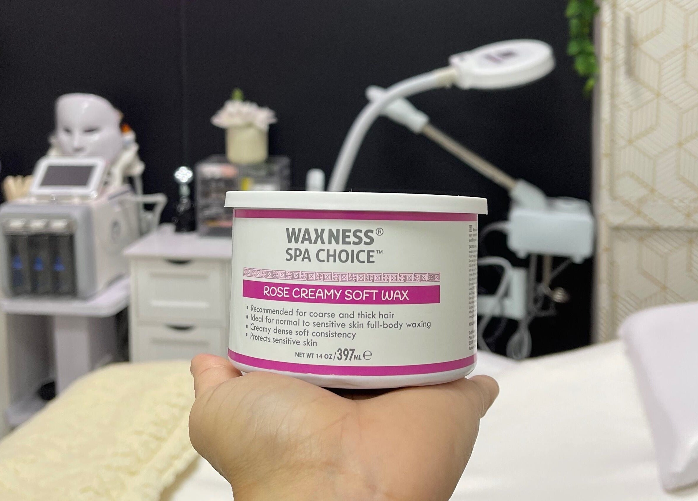 Waxness Spa Choice Rose Creamy Soft Wax displayed at Alta Beauty, Winter Garden, Florida, US.