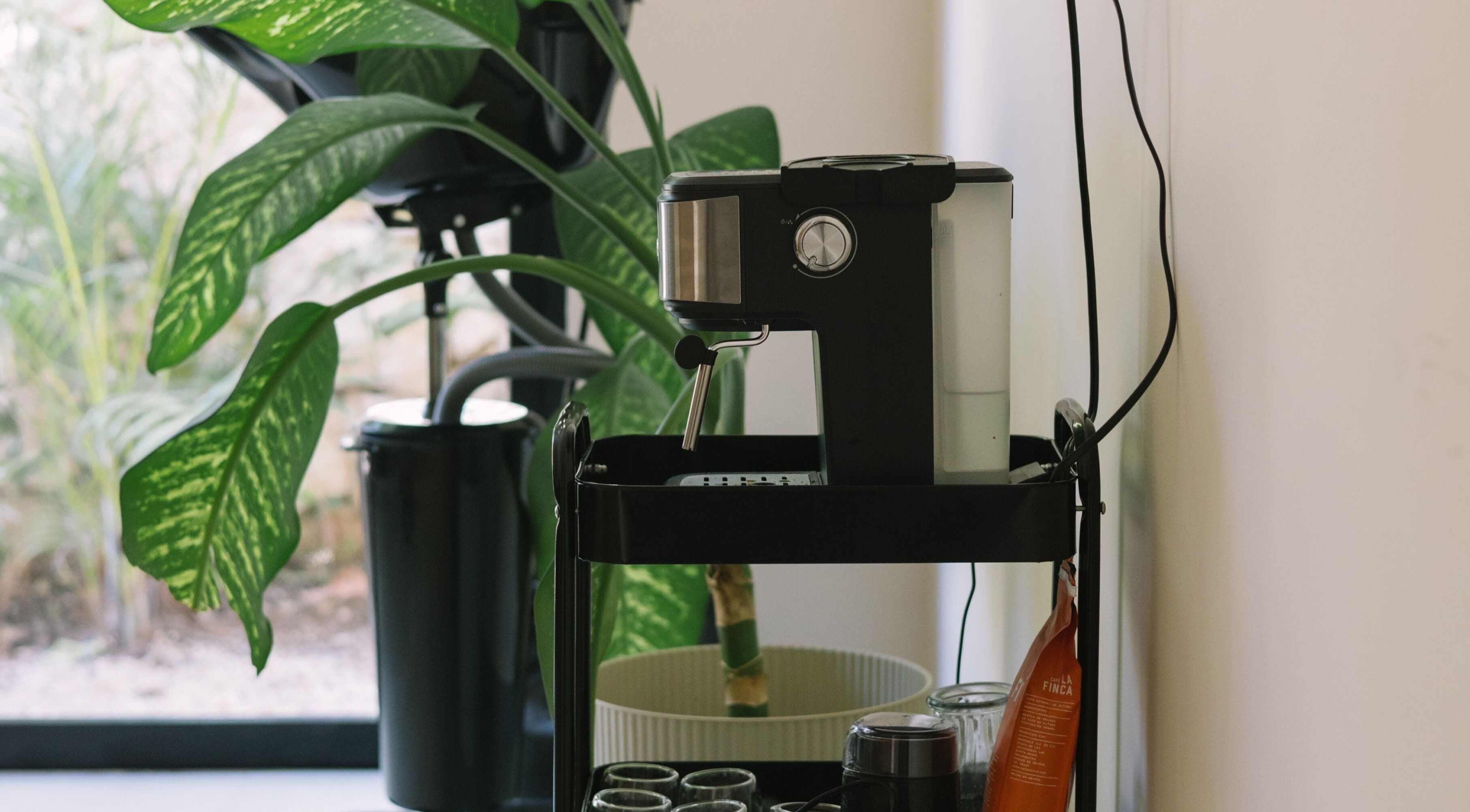 A sleek coffee maker beside lush greenery at nŌta studio, Tulum, Quintana Roo, MX.
