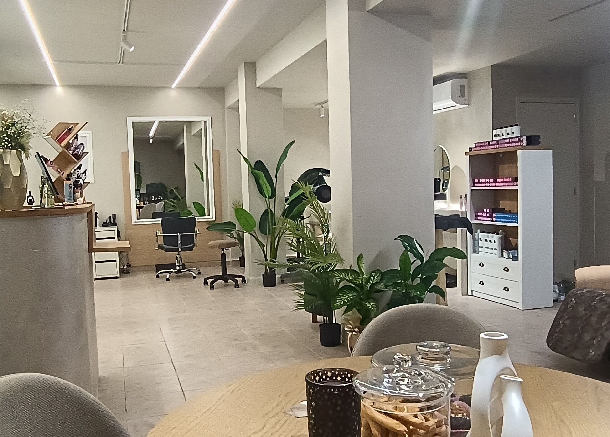 Κομψό εσωτερικό του SHE beautiful hair only, Βόλος, Ελλαδα, GR με μοντέρνα διακόσμηση και φυτά.