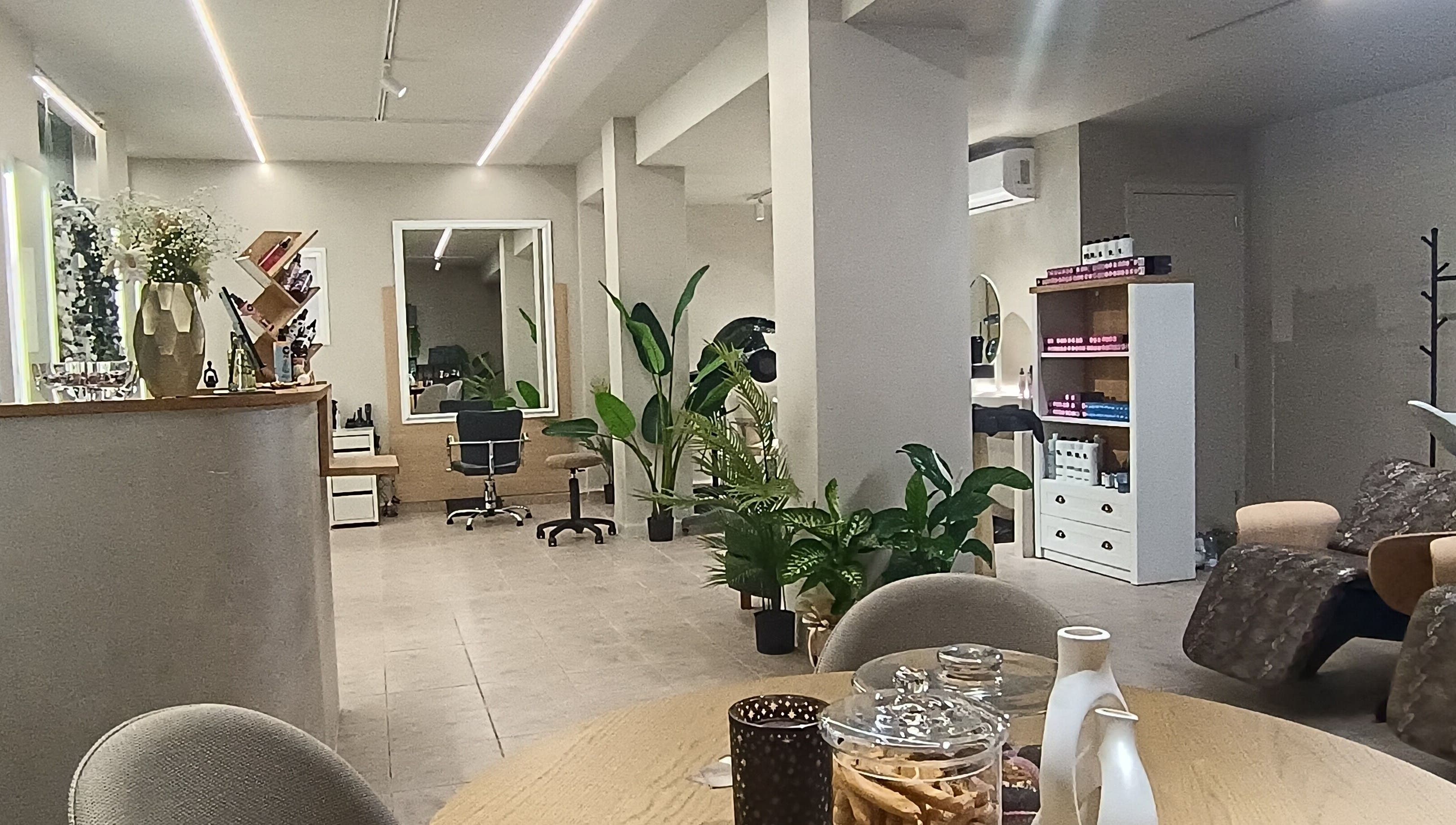 Εσωτερικό σαλονιού 'She Beautiful Hair Only', Βόλος, Ελλάδα, GR με σύγχρονη διακόσμηση και φυτά.