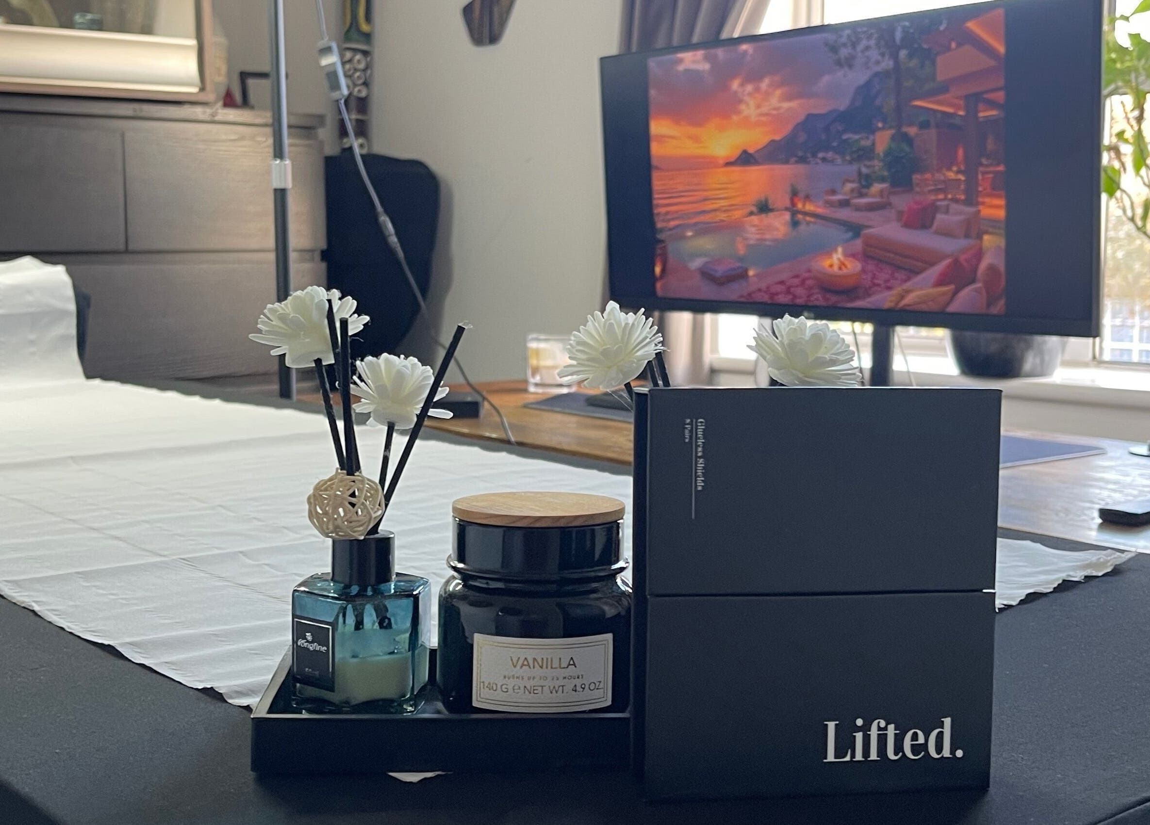 Elegant table setup with scented candles at Lash Lift & Brows London, London, England, GB.