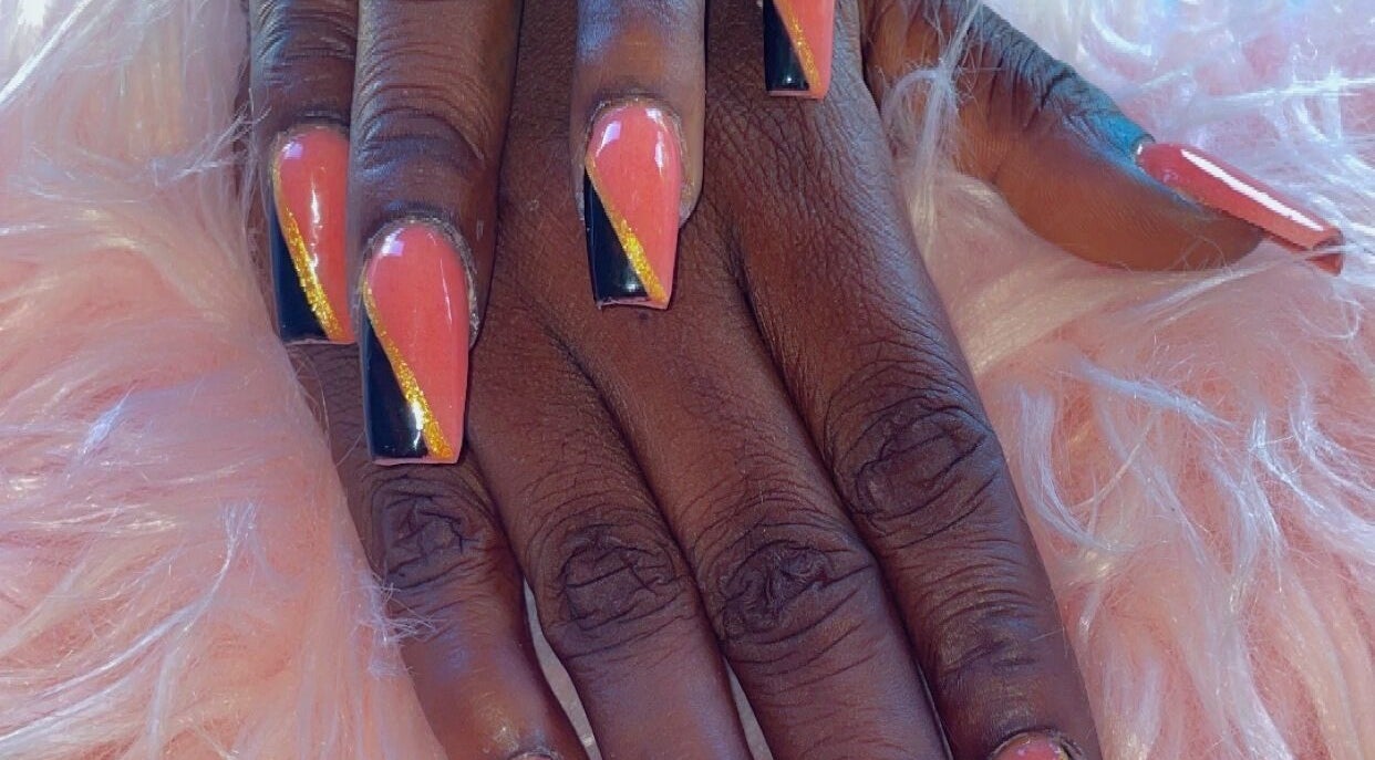 Creative nail art in pink and black at Rebekah’s Creations, Georgetown East bank Demerar, Essequibo Islands-east Demerara, GY.