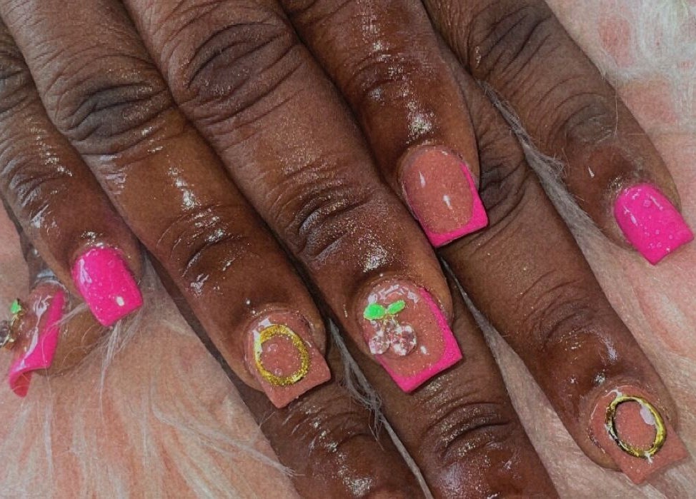 Pink and gold nail art at Rebekah’s Creations, Georgetown East bank Demerar, Essequibo Islands-east Demerara, GY.