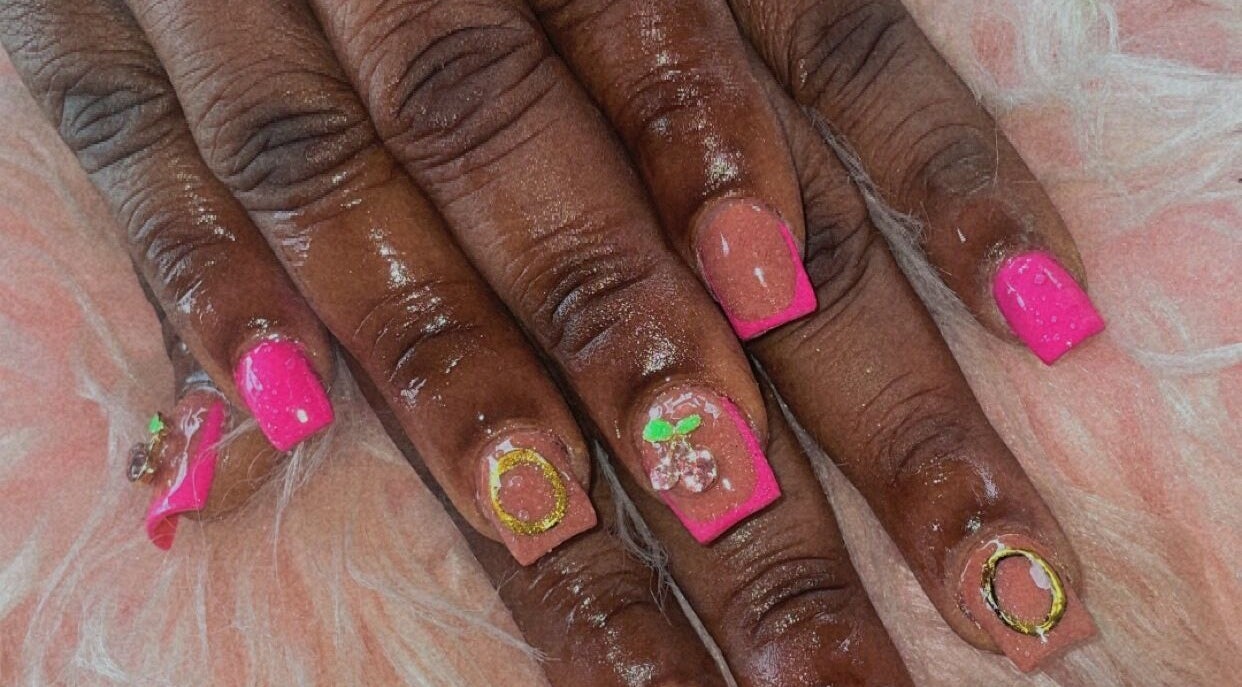 Pink and gold nail art at Rebekah’s Creations, Georgetown East bank Demerar, Essequibo Islands-east Demerara, GY.
