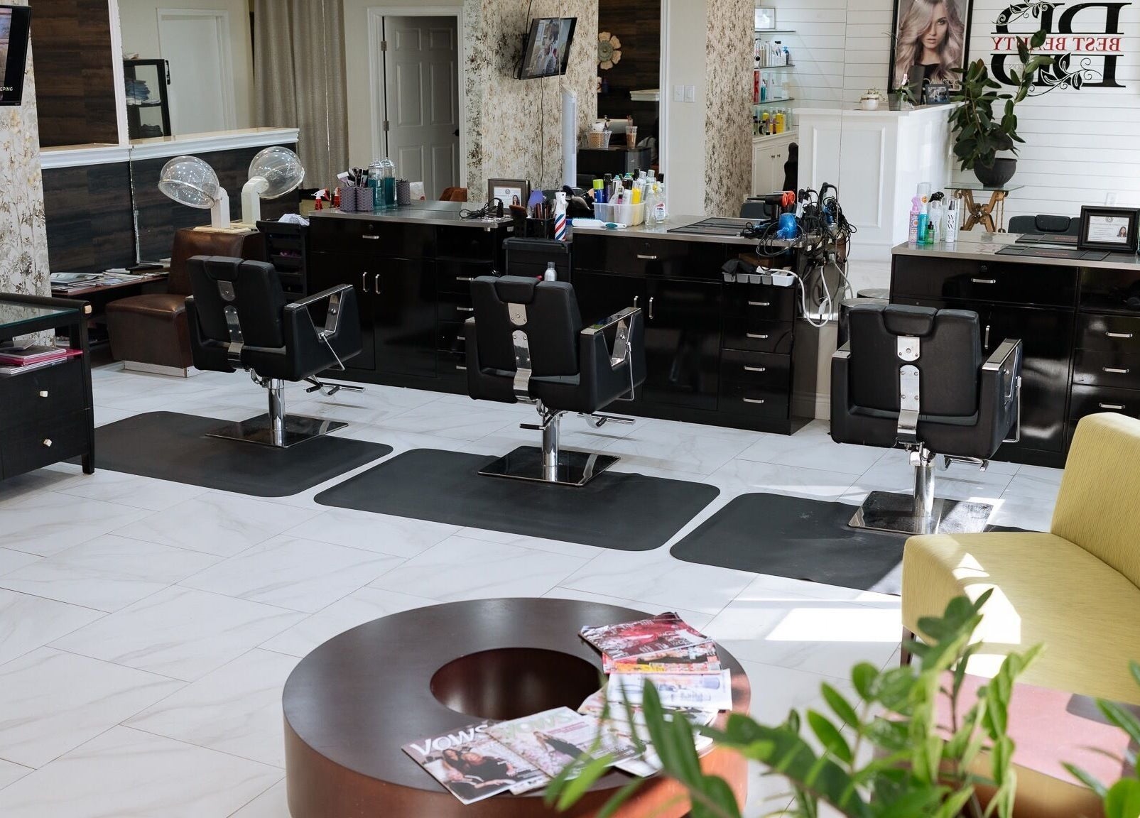 Stylish interior of Best Beauty Salon in Spring, Texas, US, featuring modern chairs and decor.