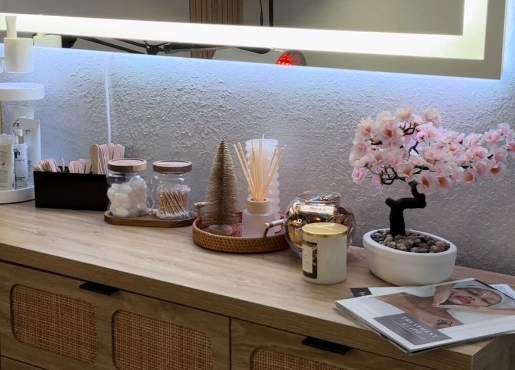 Elegant skincare display at Oseas Beauty & Spa, Tampa, Florida, US, showcasing products and decor.