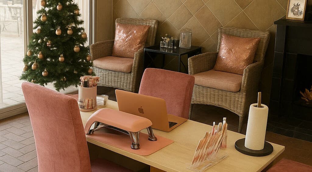 Stylish Christmas décor at Nailsby Demzyn in Cape Town, Western Cape, ZA with cozy seating and nail service area.