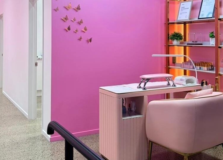 City Nails & Beauty Studio's chic pink interior in Christchurch, Canterbury Region, NZ.