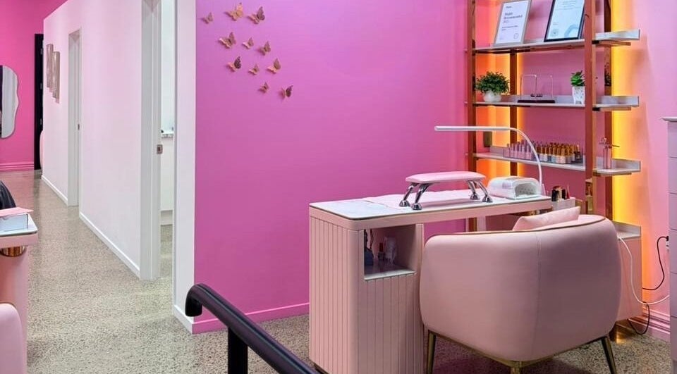 City Nails & Beauty Studio's chic pink interior in Christchurch, Canterbury Region, NZ.