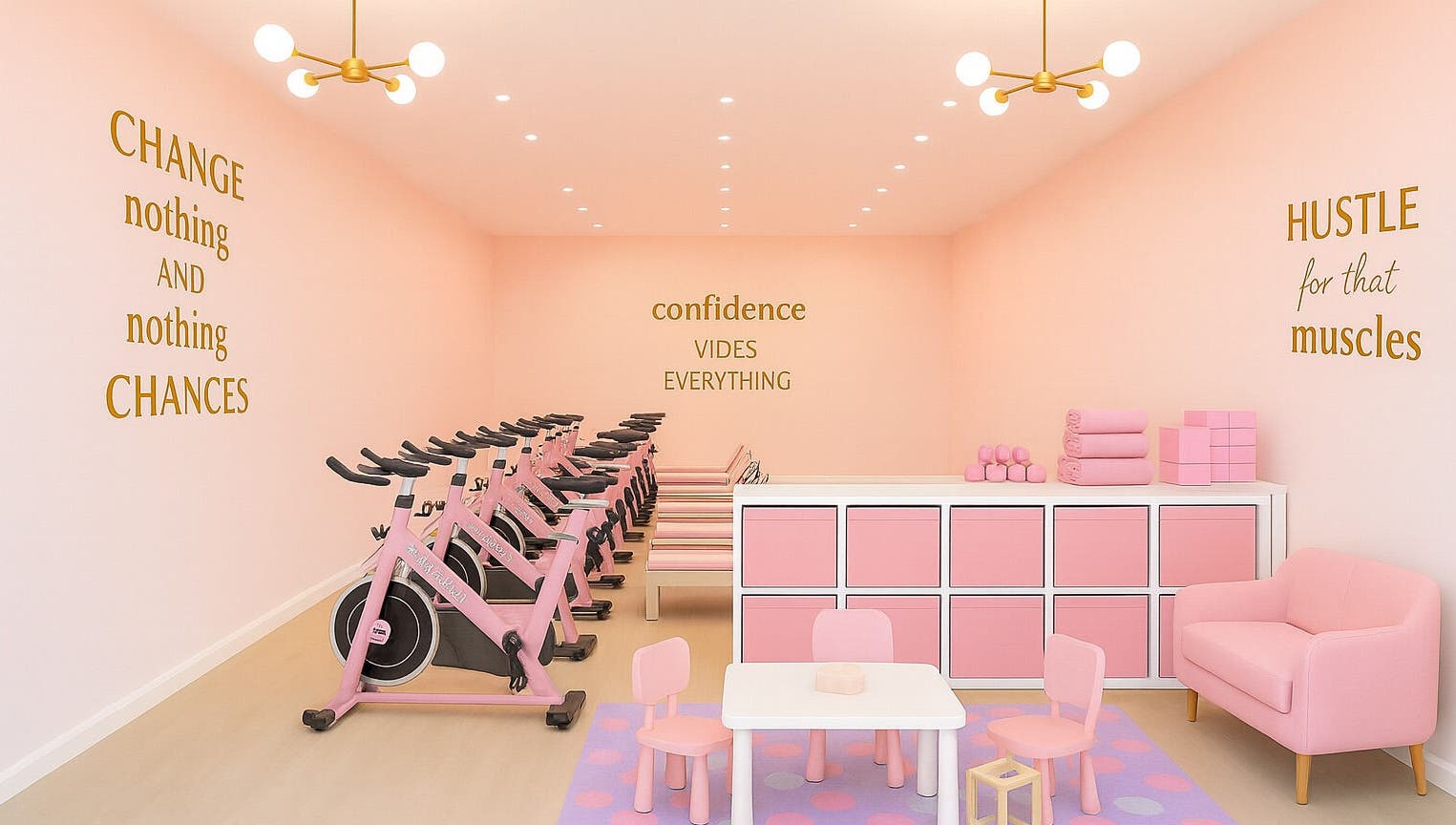 Fabulook Fitness Uk in Royston, England, GB showcases a chic pink indoor cycling space with motivational decor.