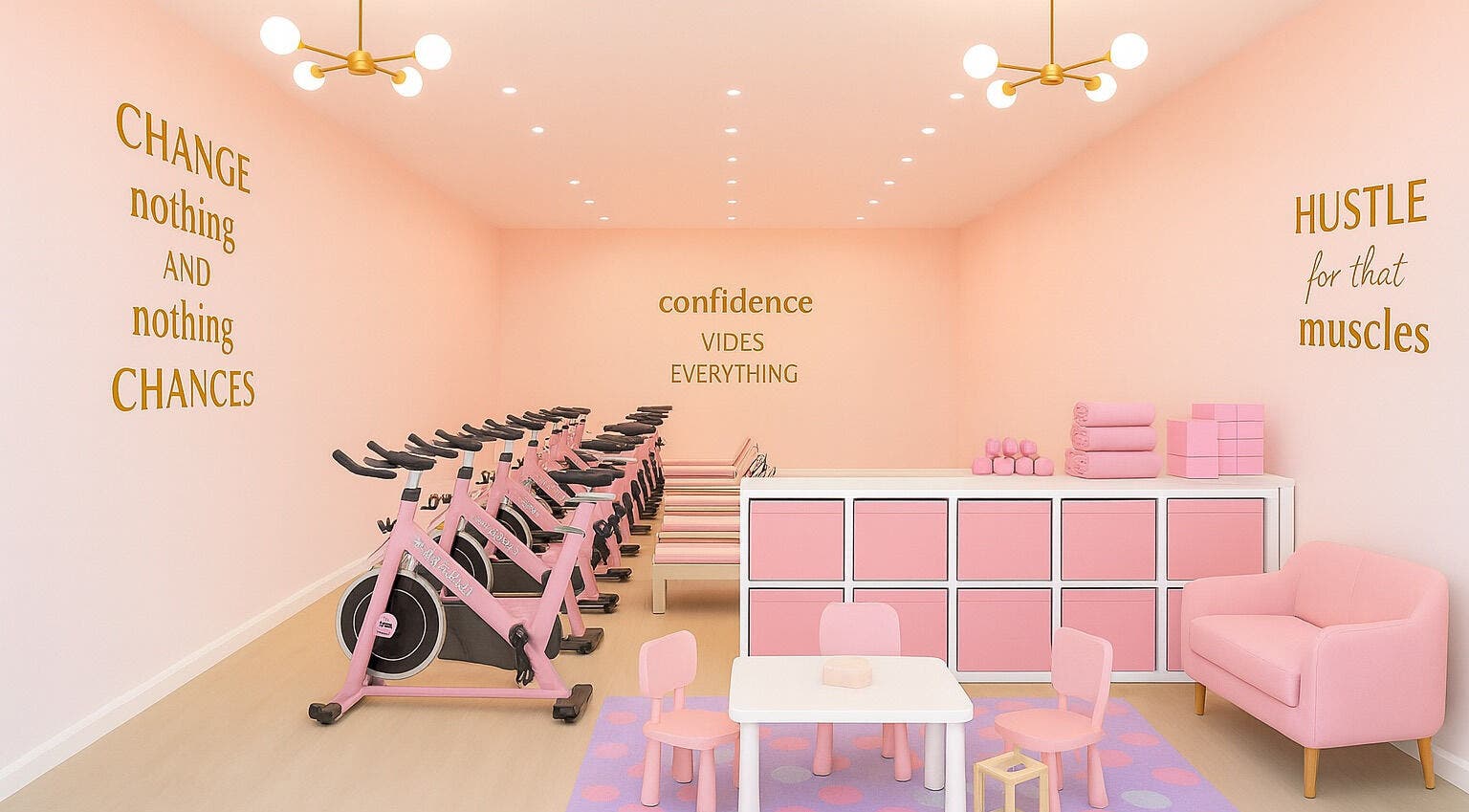 Fabulook Fitness Uk in Royston, England, GB showcases a chic pink indoor cycling space with motivational decor.