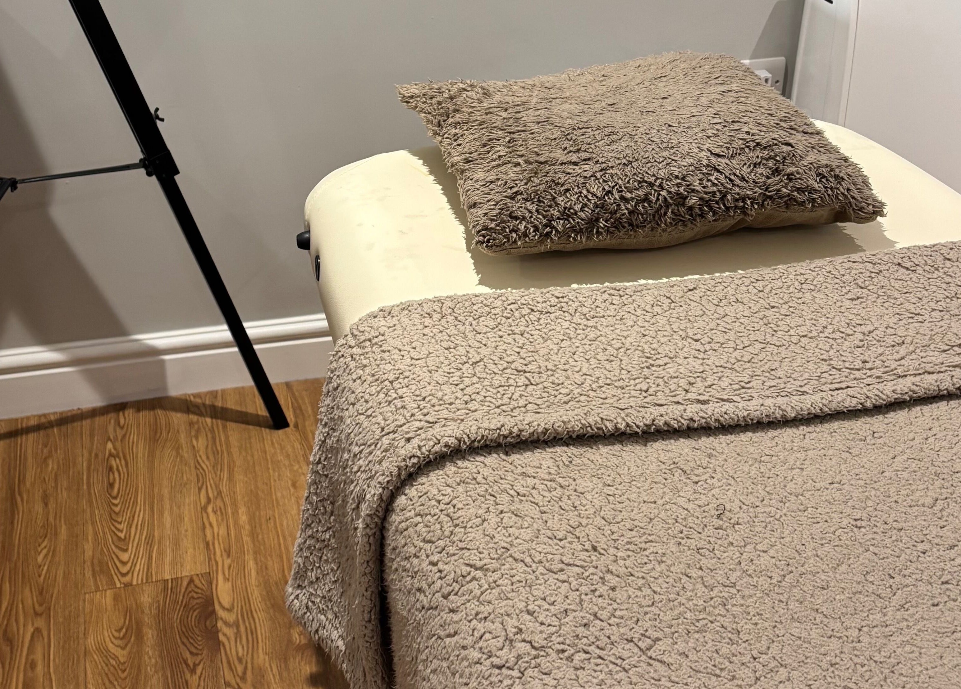 Comfortable massage table at Doe of the Dales, Alfreton, England, GB, ready for a relaxing treatment.