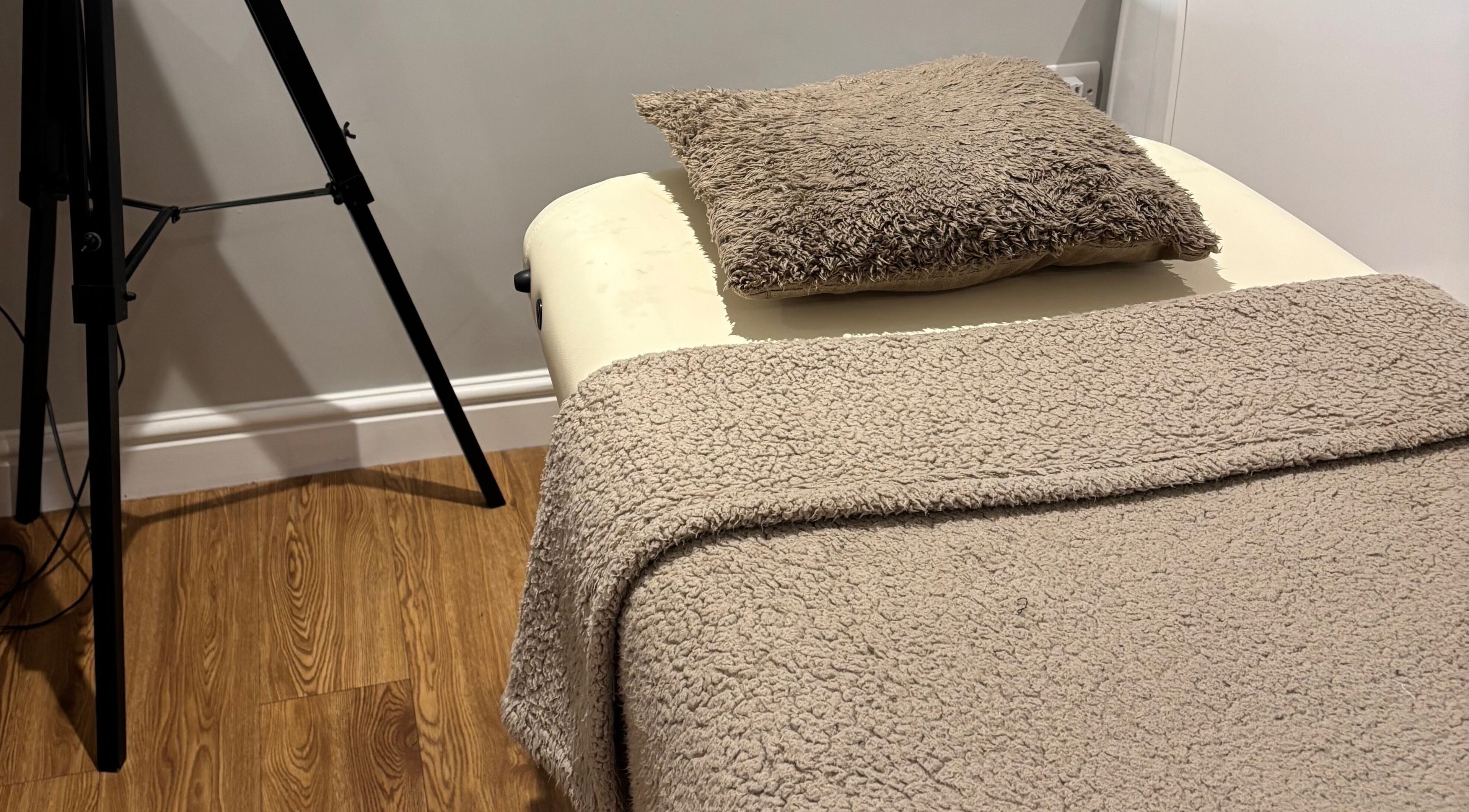 Comfortable massage table at Doe of the Dales, Alfreton, England, GB, ready for a relaxing treatment.